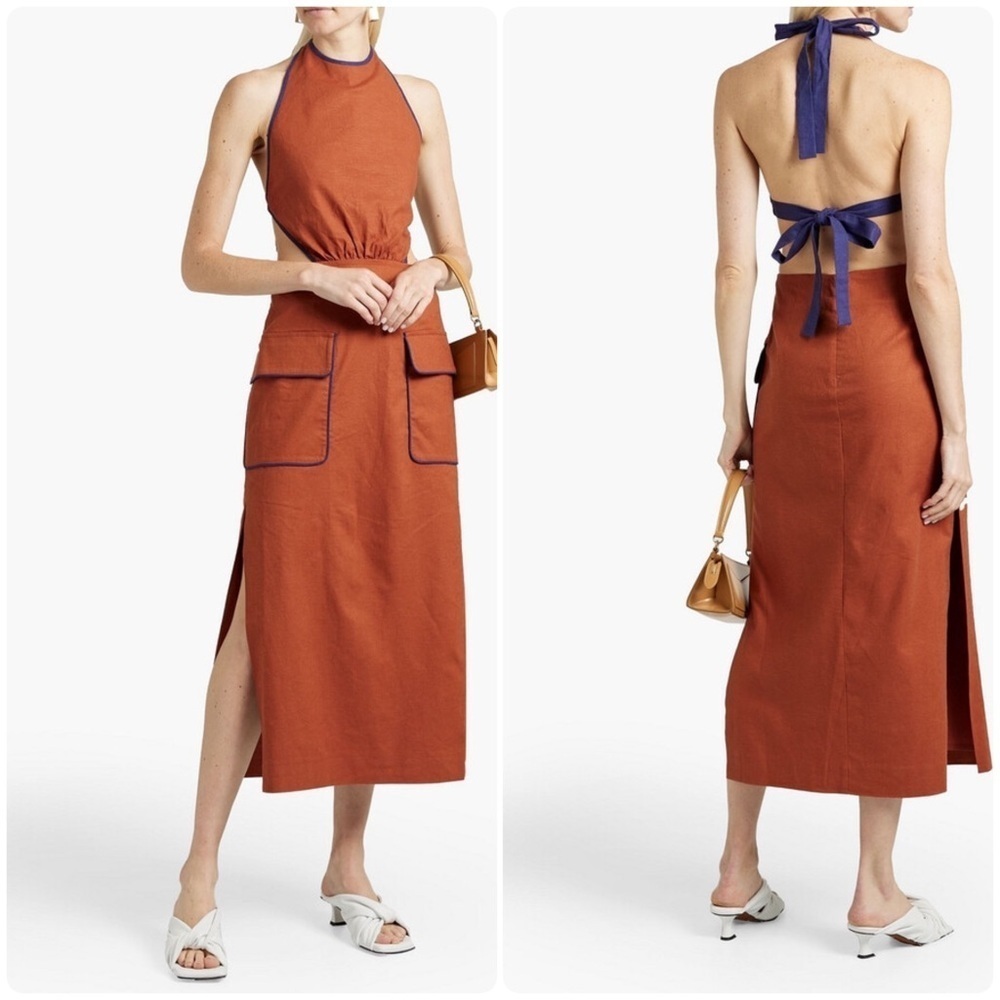 STAUD Bree gathered linen-blend halterneck midi dress (SD2)